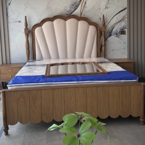 Elegant Walnut Finish Double Bed with Side Tables
